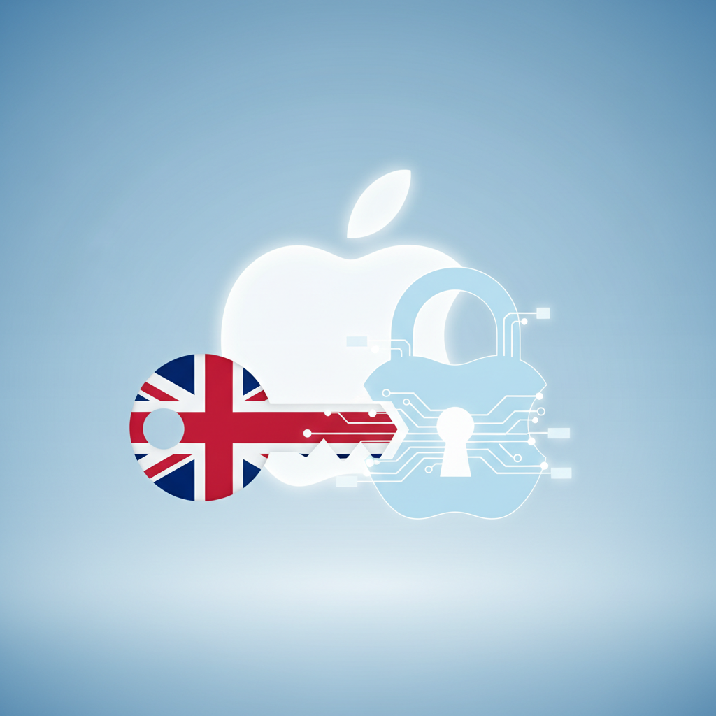 An illustrative image showing a digital lock being challenged by a keyhole shaped like the UK flag, with an Apple logo in the background, representing the demand for a backdoor into encrypted cloud storage. Style: clean infographic. No text.