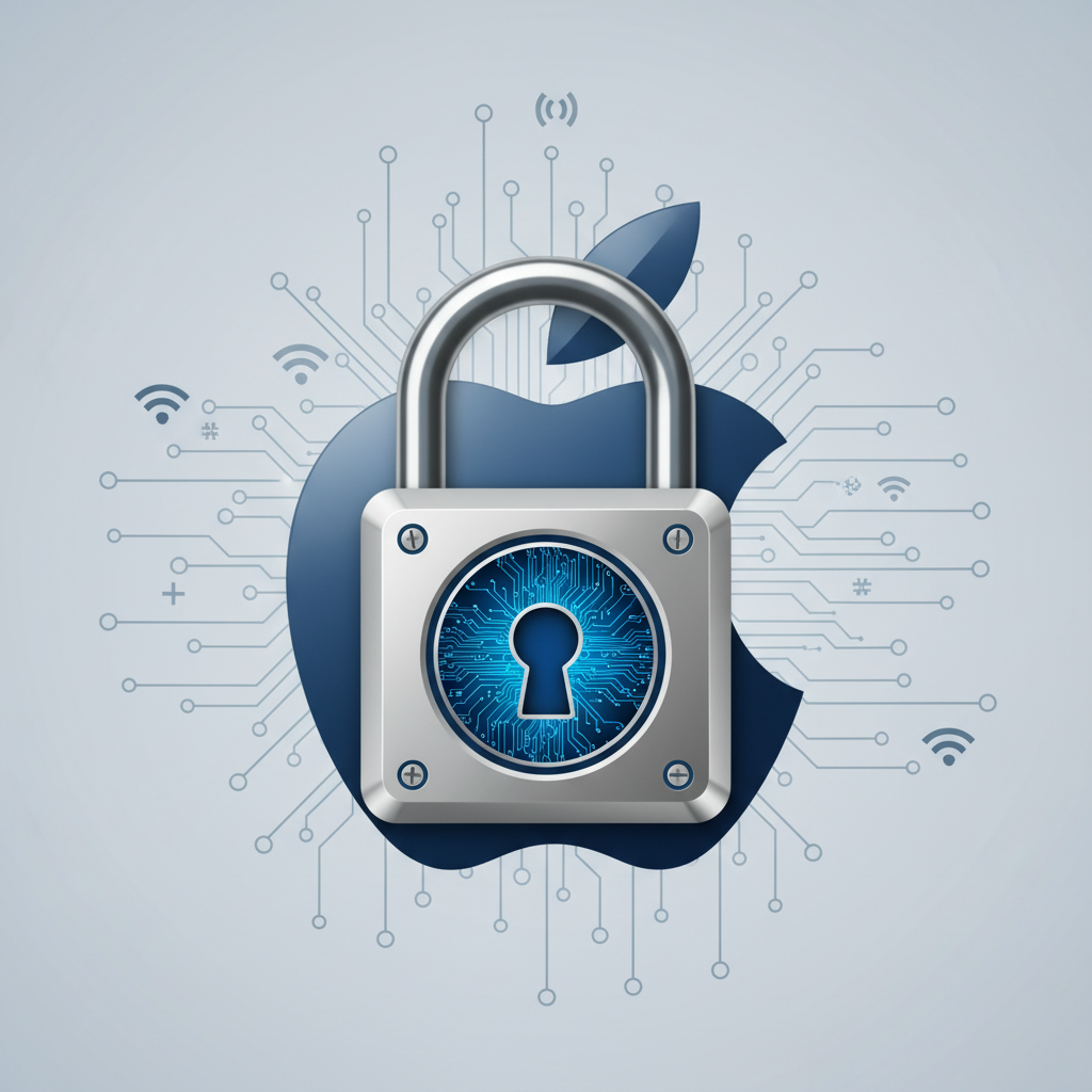 A stylized Apple logo integrated with a strong, secure padlock, symbolizing Apple's commitment to no backdoors and robust encryption. The background is subtle and tech-oriented. Style: clean illustration. No text.