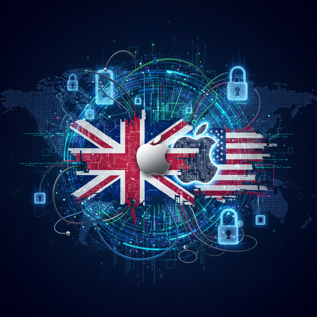 An illustration depicting intertwining digital networks and stylized national flags (UK, US, Apple logo), symbolizing the complex diplomatic and cybersecurity challenges surrounding data encryption and backdoors. Style: modern, symbolic illustration. No text.
