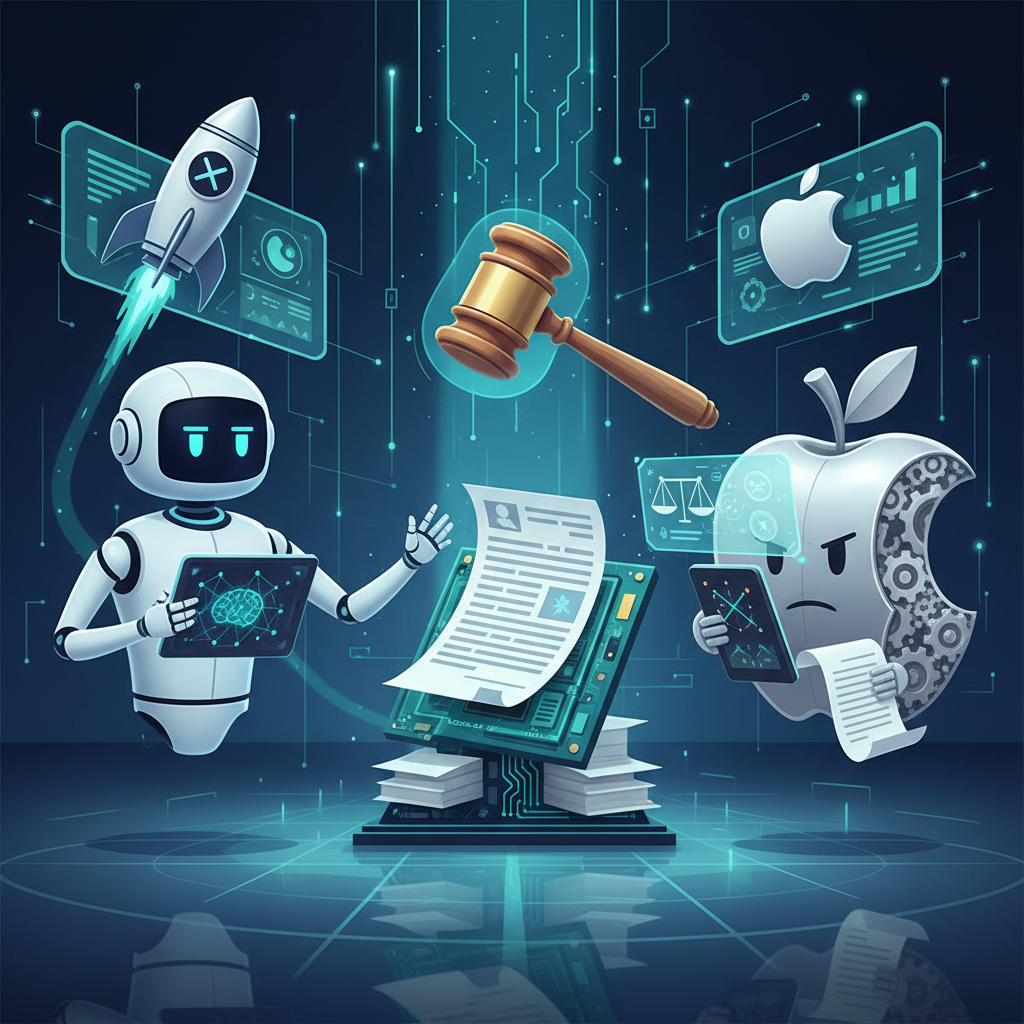 An illustrative depiction of three entities (representing OpenAI, Apple, and xAI by Elon Musk) in a stylized court battle, with legal documents and tech symbols, in a clean infographic style. No text in image.