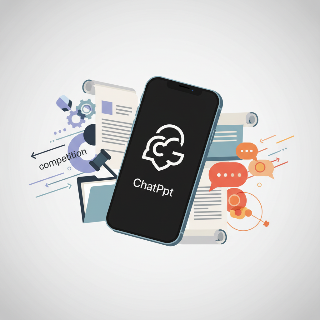 An image showing an iPhone screen with ChatGPT logo, surrounded by legal documents and abstract representations of competition and debate. Clean infographic style, balanced composition, no text.