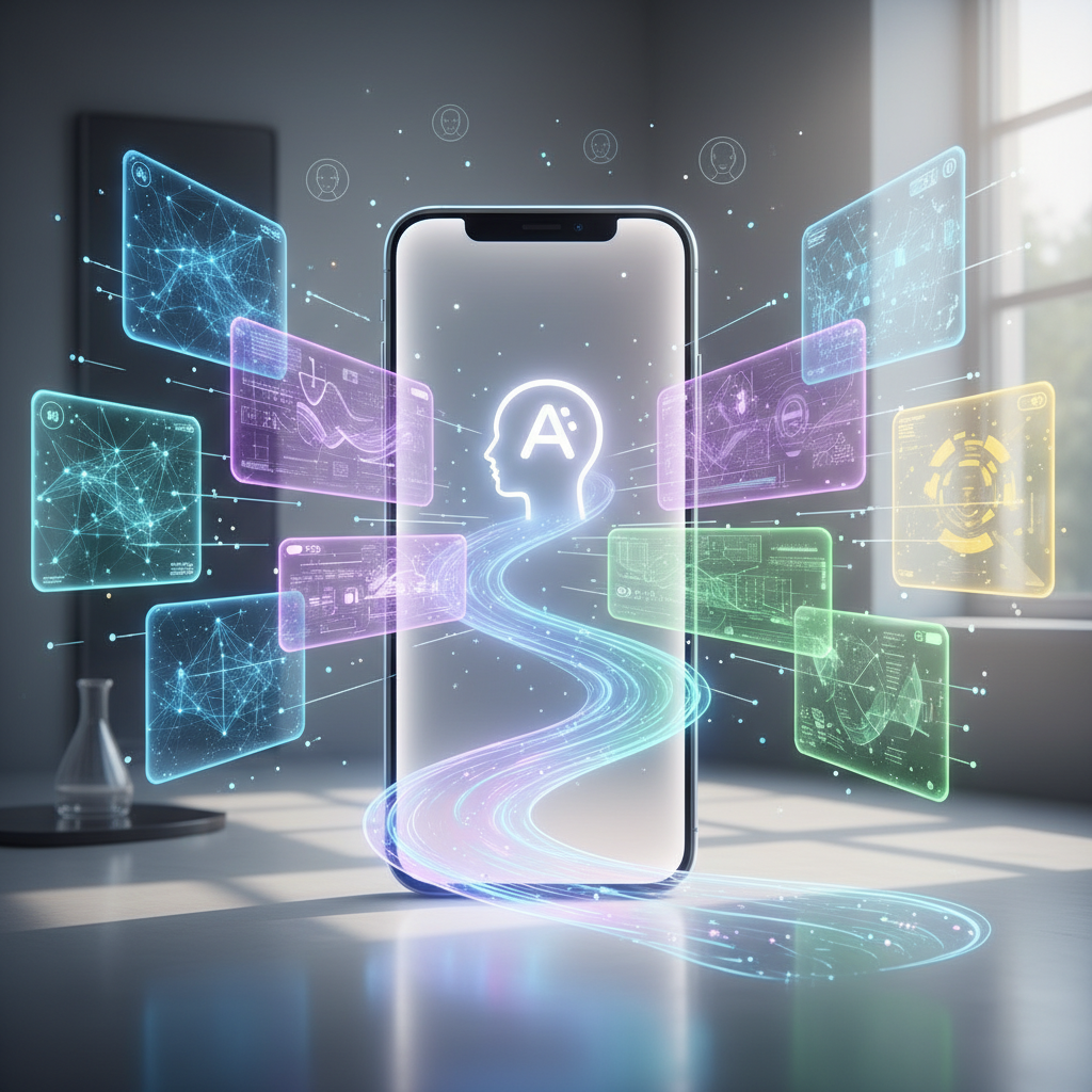 A futuristic illustration of multiple diverse AI chatbot interfaces converging towards a stylized iPhone, representing seamless integration and choice. Emphasize technological harmony and user experience with natural lighting and clear visuals. No text.