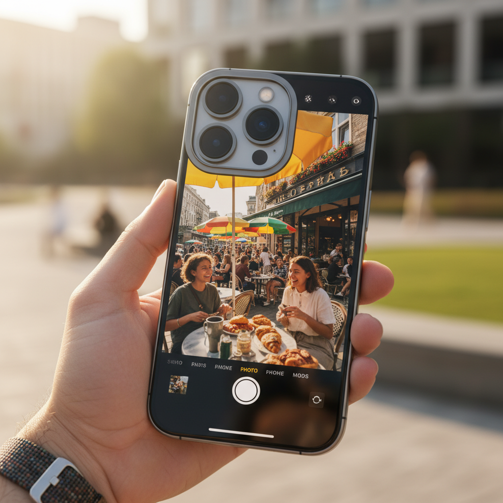 A sleek, modern iPhone 17 Pro held by a hand, capturing a vibrant scene with its camera. The phone's screen displays a high-quality photo. Focus on innovation and premium feel. Lifestyle photography, natural lighting. No text.