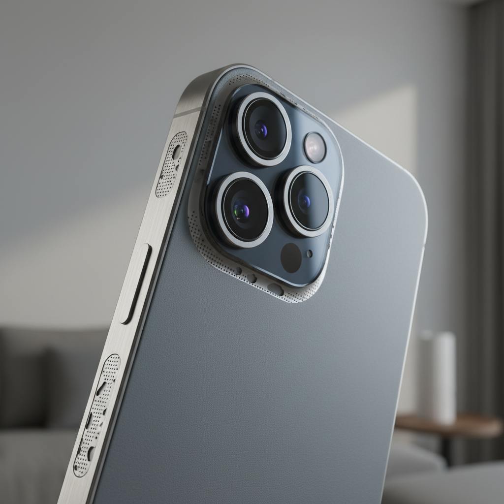 A close-up, artistic shot of the iPhone 17 Pro's unique aluminum unibody design, highlighting the various material textures and camera plateau. Emphasize the functional yet aesthetically debated aspects. Lifestyle photography, clean background. No text.