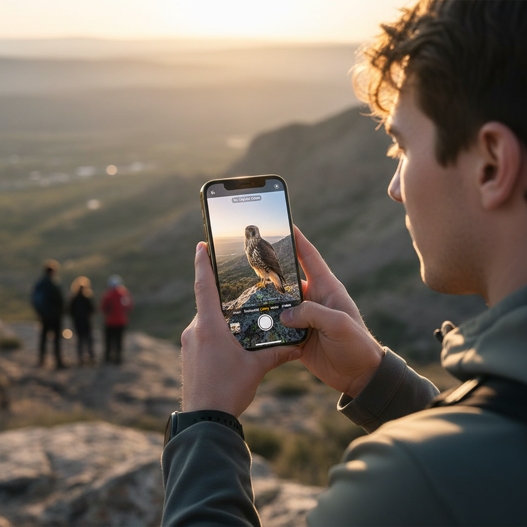 A dynamic lifestyle shot of someone using the iPhone 17 Pro to capture a distant subject with its telephoto lens. The scene should convey detail and clarity, perhaps a nature shot or an event. Emphasize the advanced camera capabilities. No text.
