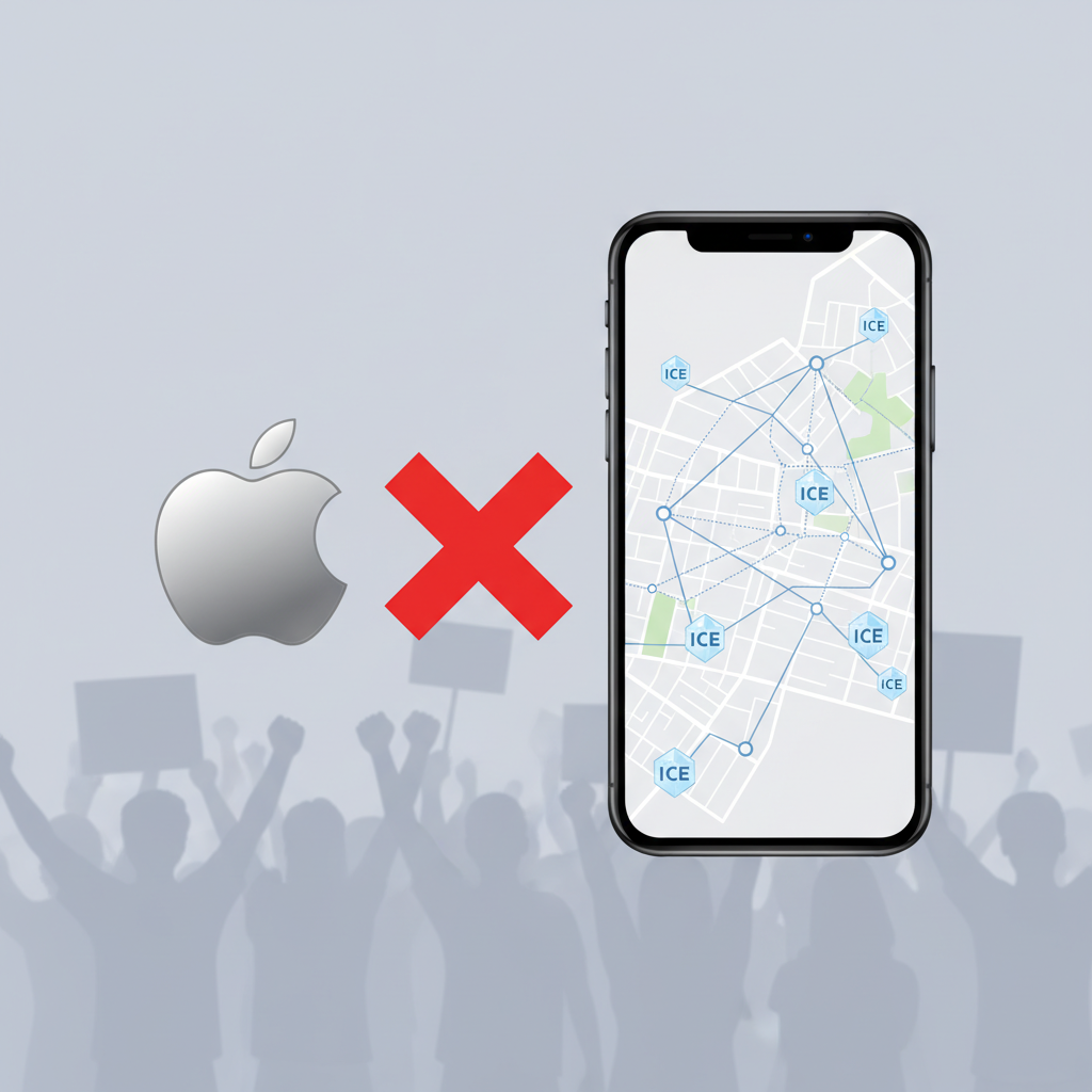 A sleek, modern infographic featuring the Apple logo next to a red X mark over a smartphone screen displaying a simplified map with small 'ICE' icons. The background is a clean, minimalist design with a faint silhouette of a protesting crowd. Style: clean infographic. No text.