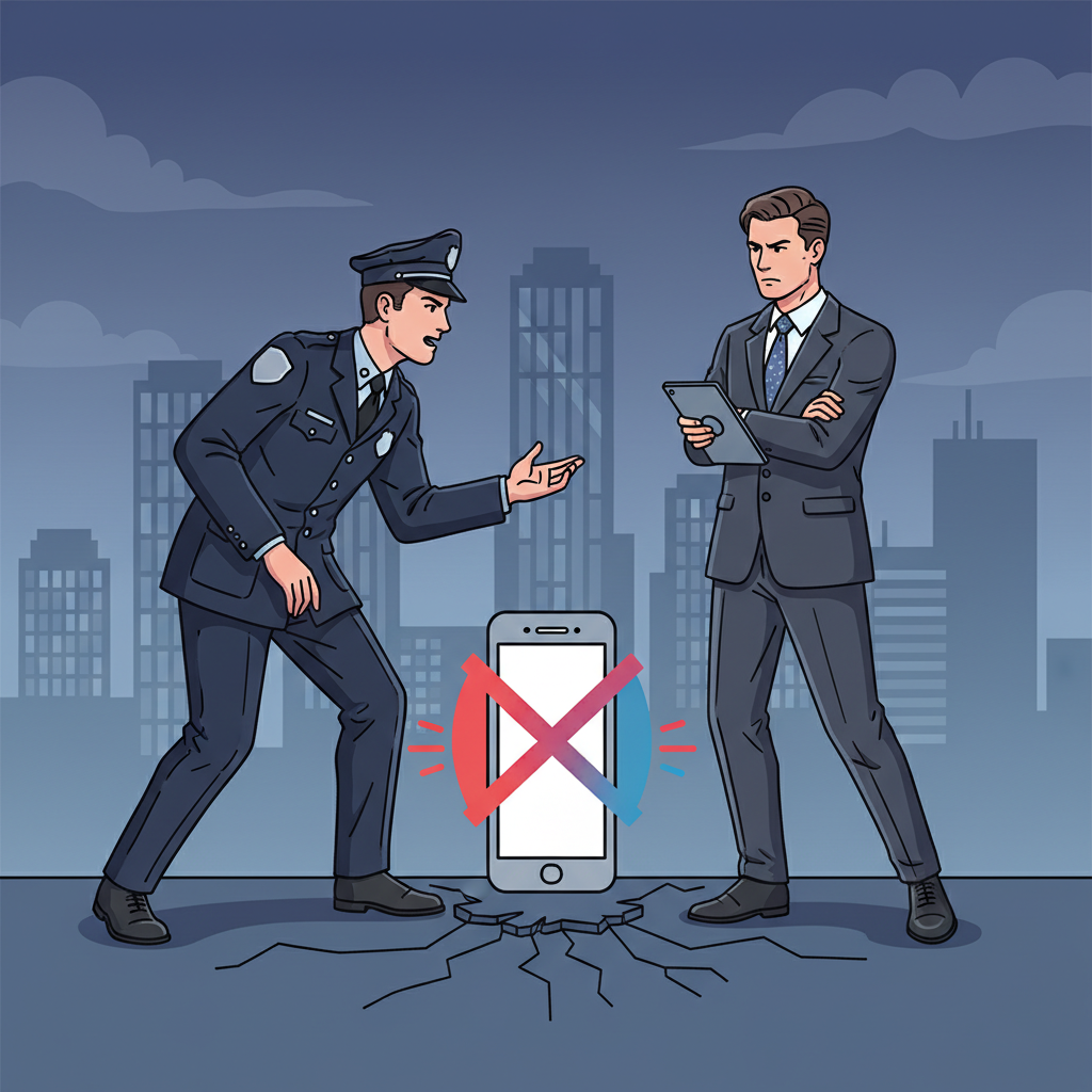A detailed illustration showing a person in an official uniform (representing law enforcement) speaking assertively towards a person in a business suit (representing a tech company). There's a smartphone icon between them, symbolizing the disputed app. The atmosphere is tense, with a subtle backdrop of a city skyline. Style: illustration. No text.