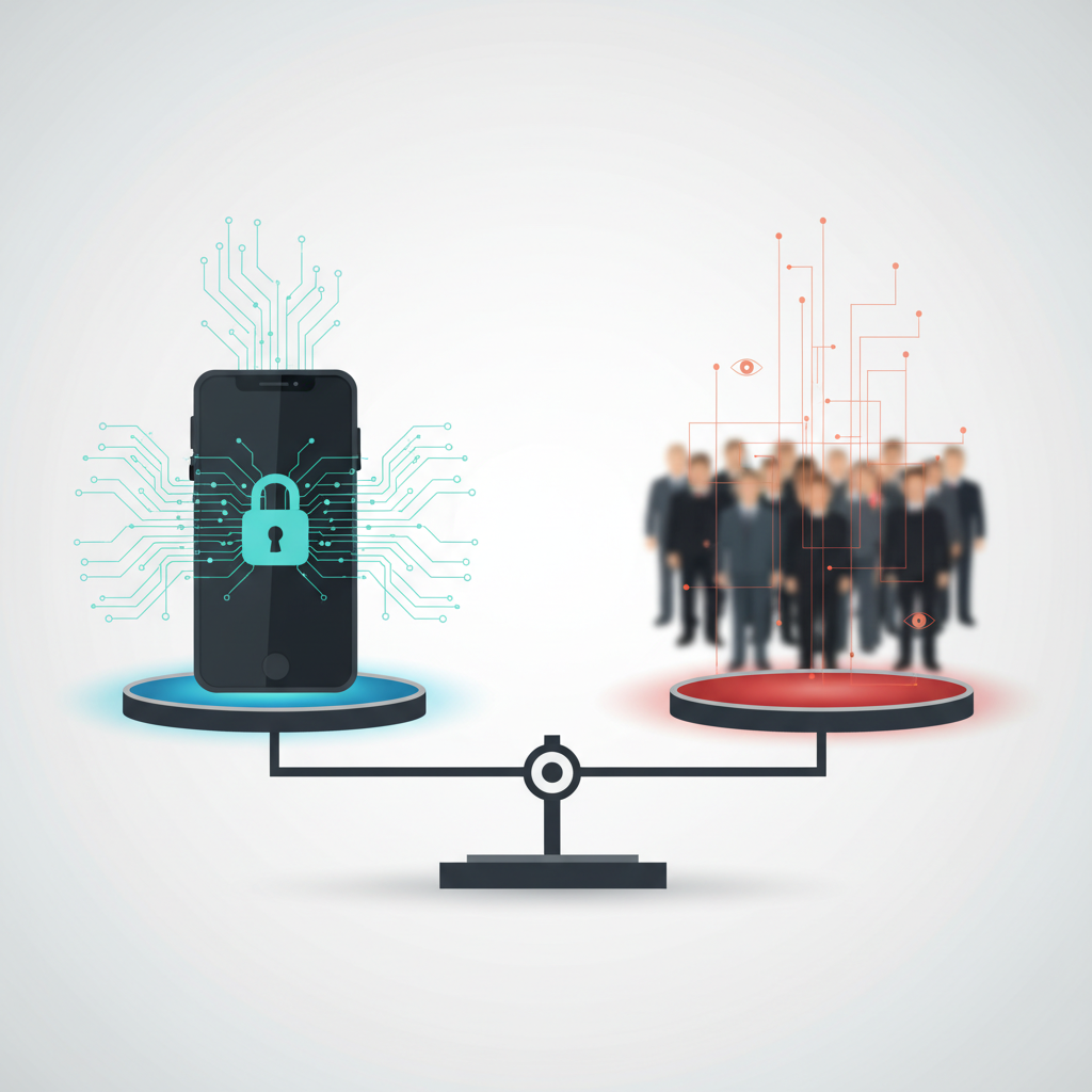 A split image showing two distinct scenes. On one side, a stylized depiction of a locked smartphone with glowing data lines, symbolizing personal privacy and data. On the other side, a subtle, blurred image of a crowd of people being monitored by faint digital lines, representing surveillance. A balanced scale is in the center, tilting slightly. Style: clean infographic. No text.