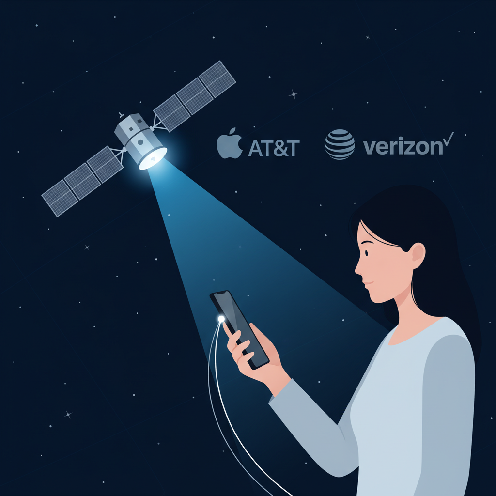 A sleek Starlink satellite in orbit, emitting a strong signal directly to a modern smartphone held by a person. In the background, faded logos of major mobile carriers like Apple, AT&T, and Verizon appear subtly, suggesting anticipation or concern. Clean infographic style, clear communication, no text, Korean person.