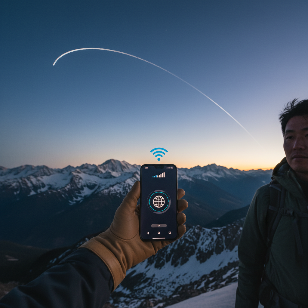 A modern smartphone displaying full signal bars, held in a hand, set against a backdrop of a vast, remote mountainous landscape. The sky above shows a faint Starlink satellite trail. Lifestyle photography, natural lighting, a sense of freedom and connectivity, no text, Korean person.