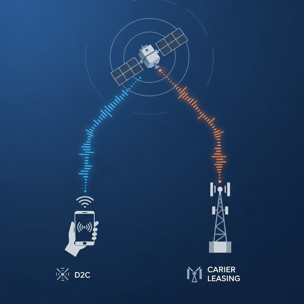 A clear infographic illustrating Starlink's dual spectrum strategy. A Starlink satellite in the sky is connected via signal lines to a smartphone on the ground (representing D2C service) and also to a terrestrial cellular tower (representing spectrum leasing to carriers). Clean, technical infographic style, distinct connections, no text.