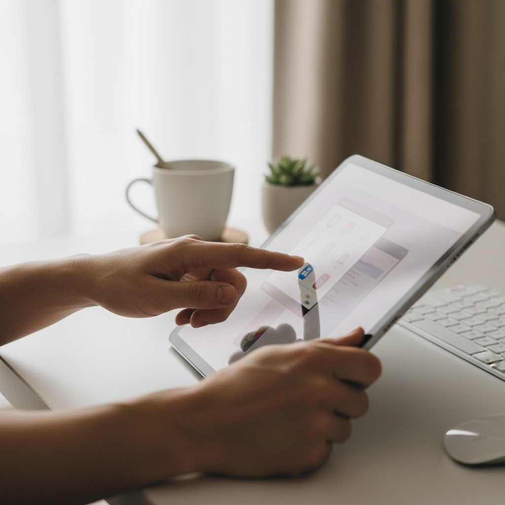 A close-up lifestyle photography shot of a person's hands interacting with an iPad screen, demonstrating multitasking. One finger is swiping or tapping on a floating window. The background is a clean, modern desk setup. Natural lighting, focus on interaction, no text.