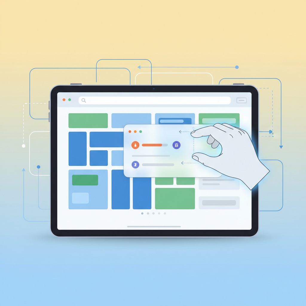 An iPad screen showing a main application in the background and a smaller 'Slide Over' window floating on top. A hand gestures to resize or reposition the Slide Over window. The scene is bright and highlights efficient workflow. Style: clean infographic, no text.