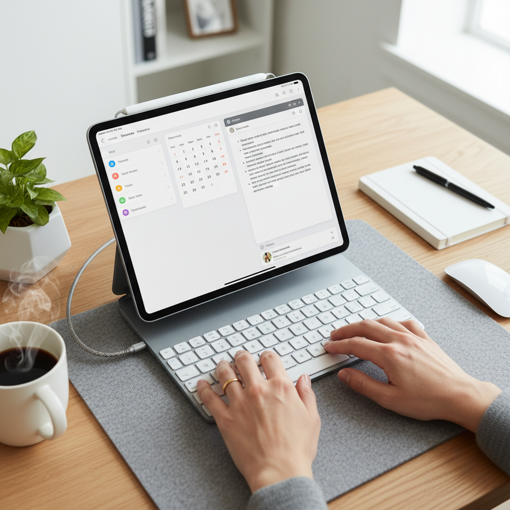 A top-down lifestyle photography view of an organized desk with an iPad connected to an external keyboard, showing various applications open in a multitasking layout. Hands are typing on the keyboard. The setting is modern and productive. No text.