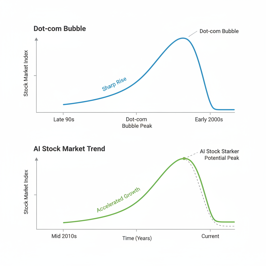 An infographic showing two parallel graphs, one for the Dot-com bubble (late 90s to early 2000s) and another for the current AI stock market trend. Both graphs show a sharp rise followed by a potential peak. Labels like "Dot-com Bubble Peak" and "AI Stock Market Trend" are clearly visible. The overall style is clean and informative, with a focus on data visualization. No text in image.