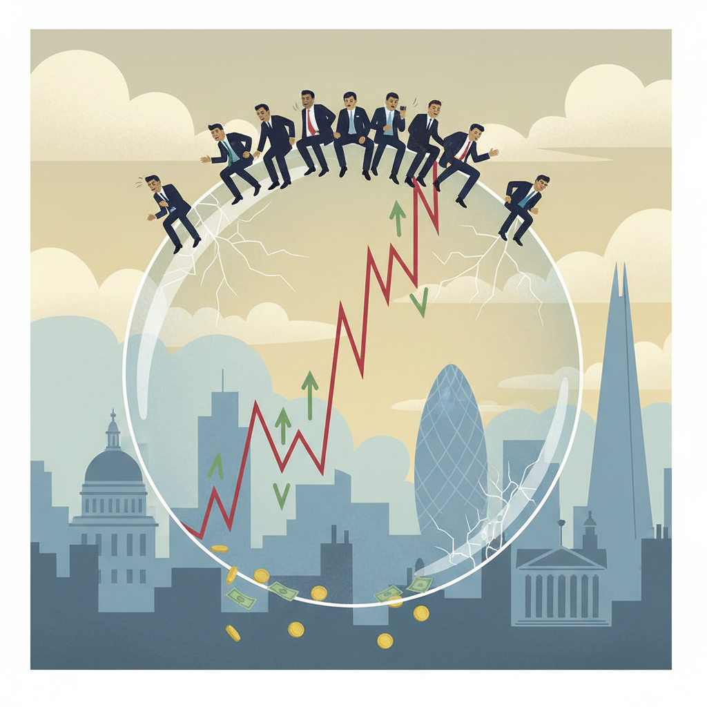 A stylized illustration of a financial market graph in a precarious position, looking like a bubble about to pop. The line graph shows an extremely steep ascent, with small figures of investors looking worried. The background hints at a modern cityscape, perhaps London, subtly indicating the Bank of England's warning. The colors are slightly muted to convey caution. No text in image.