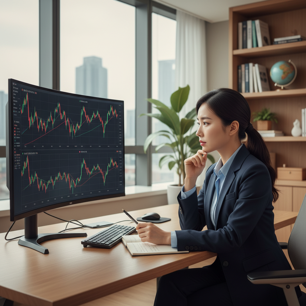 A Korean investor, male or female, in a professional but approachable style, carefully observing multiple stock market charts on a computer screen. The charts show volatile trends, with some red indicators. The investor has a thoughtful expression, perhaps holding a pen or chin, suggesting prudence rather than panic. The setting is a modern home office or financial institution, conveying a sense of serious financial analysis. No text in image.