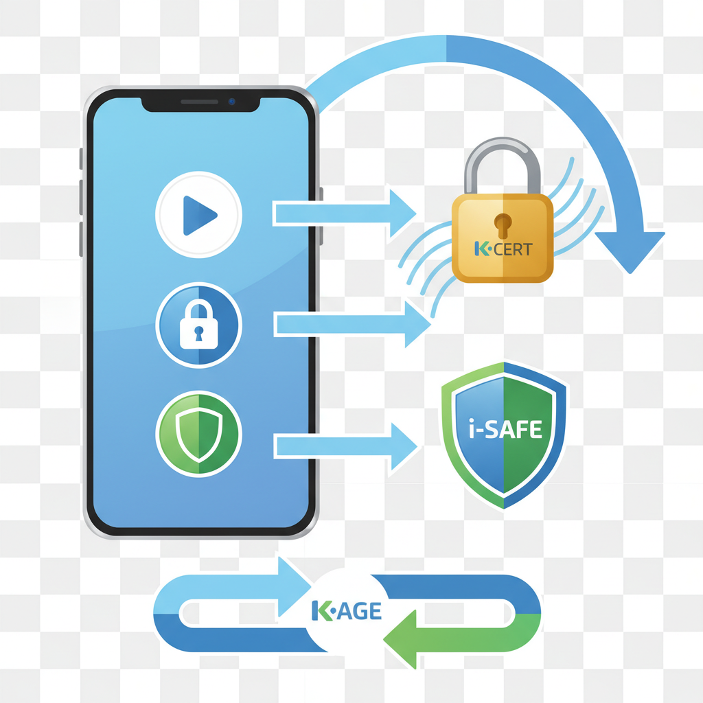 An infographic showing a smartphone screen with app store icons, a padlock symbolizing privacy, and a shield representing child safety. Arrows connect these elements, illustrating the new age verification laws. Clean, modern, no text in image, infographic style, in a Korean context.