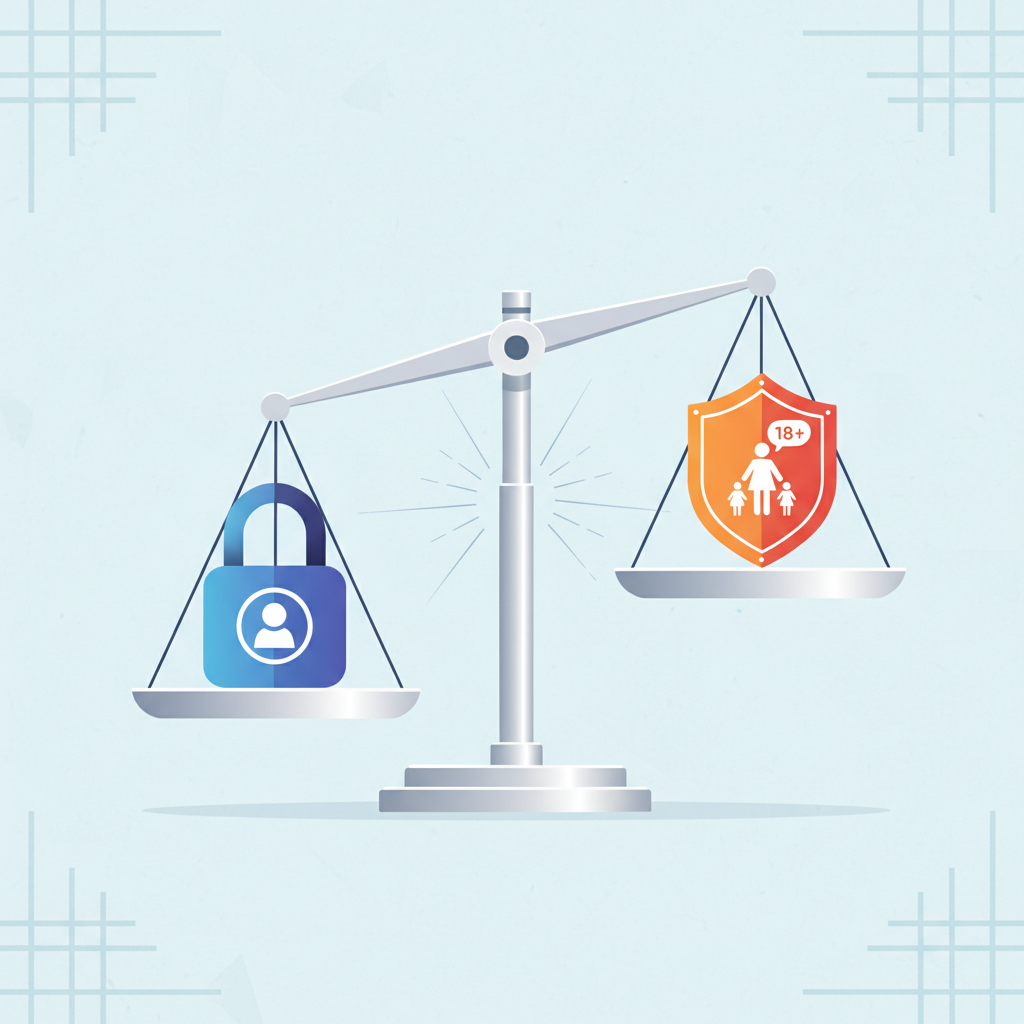 A visual metaphor showing a digital scale. On one side, a lock icon icon representing user data and privacy is weighing down, and on the other side, a shield icon representing child safety and age verification is weighing down. They are in conflict, illustrating the dilemma between privacy and protection. Clean, conceptual infographic style, no text, in a Korean context.