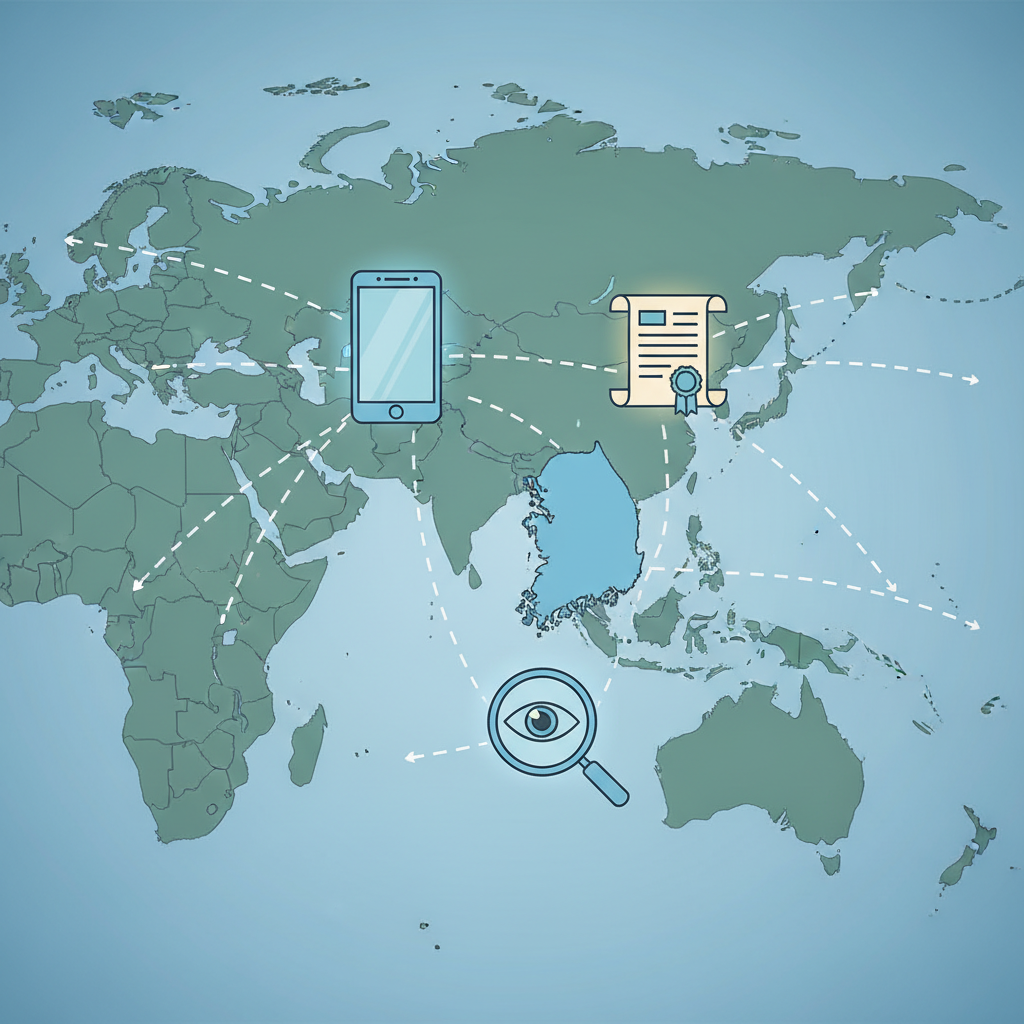 An illustration of a world map with several states in the USA highlighted, radiating lines suggesting expansion. Icons of a smartphone, a legal document, and a magnifying glass represent laws, technology, and scrutiny. Global, clean infographic style, no text, in a Korean context.