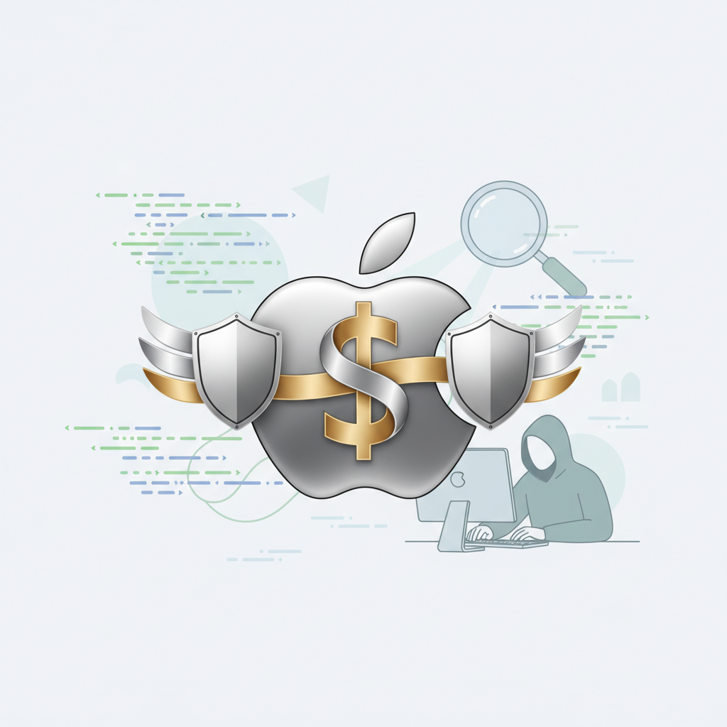 An infographic showing the Apple logo integrated with security shields and a large dollar sign, representing the bug bounty program. Elements like code snippets, magnifying glass, and a hacker figure (ethical) are subtly in the background. Clean infographic style, no text.