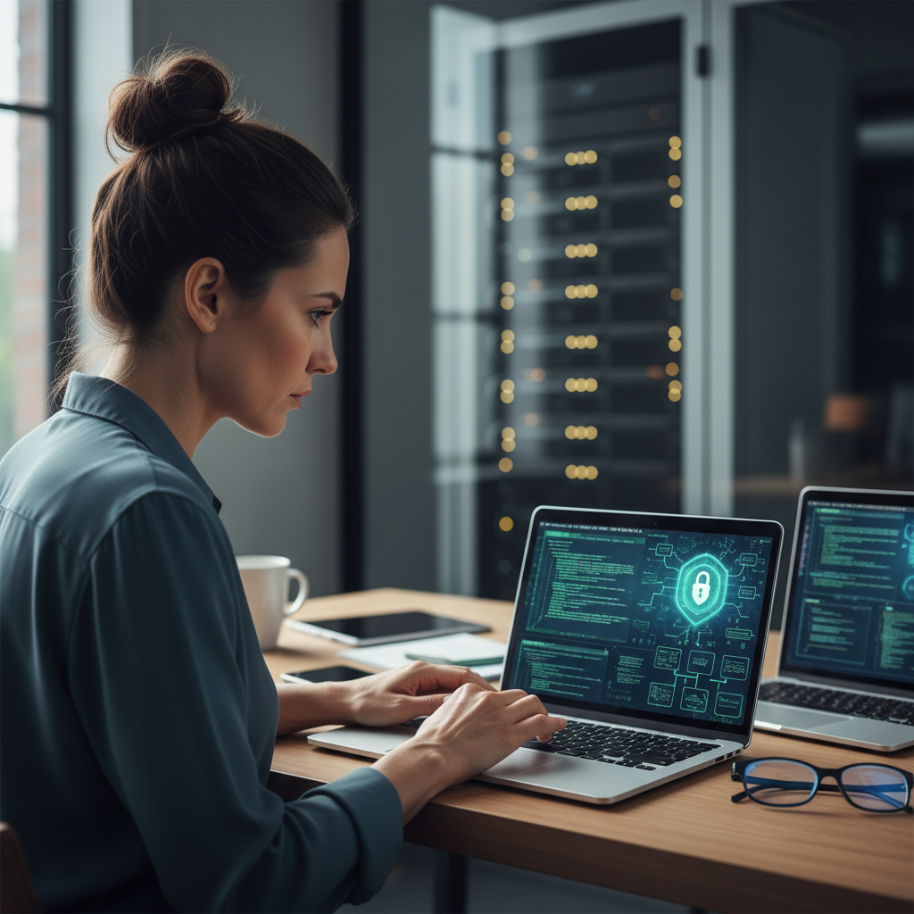 A realistic lifestyle photography of a cybersecurity researcher working diligently on a laptop, with complex code and security diagrams on the screen. In the background, subtle elements like a secure server room or an Apple device are visible, symbolizing the target of their work. The atmosphere is focused and professional, no text.