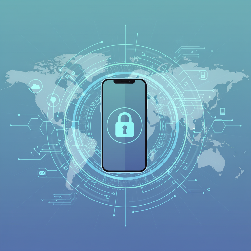 An illustration of a modern Apple iPhone surrounded by multiple layers of security shields and digital protective barriers. The background features subtle visual representations of global connectivity and data flow, emphasizing widespread security. Clean, secure, digital infographic style, no text.