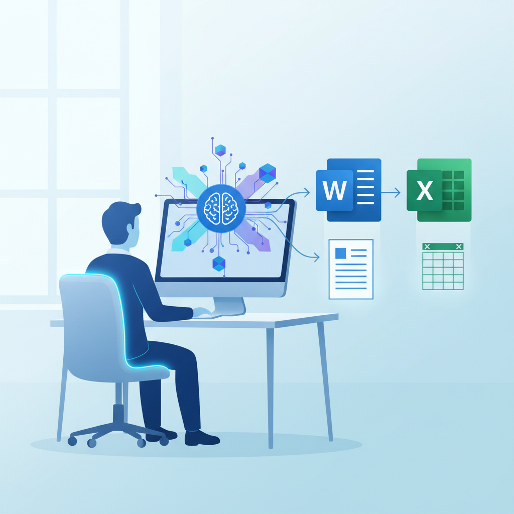 A clean infographic illustrating AI tools assisting with document and spreadsheet creation in an office setting. Show a person interacting with a computer, and abstract AI elements flowing into Word and Excel icons. Bright, professional style. No text.