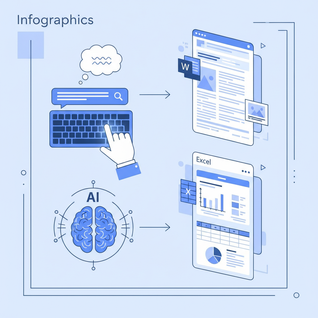 A detailed infographic showing AI creating documents in Microsoft Word and Excel. Highlight the user inputting text prompts and the AI generating complex layouts, charts, and text. Use a clean, modern style with blue and white tones. No text.