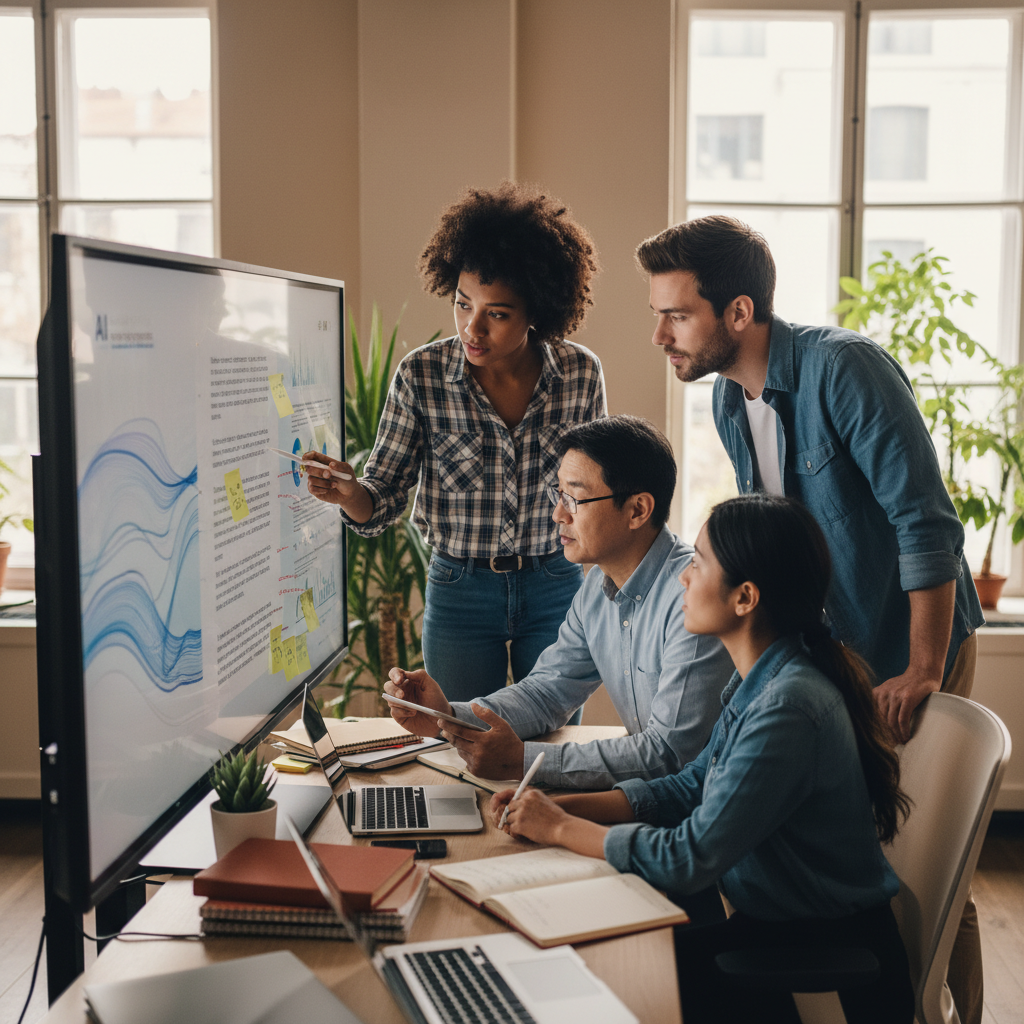 A diverse group of office workers thoughtfully collaborating and reviewing AI-generated documents on screens. Emphasize human oversight and critical thinking in a modern office environment. Lifestyle photography style, natural lighting. No text.