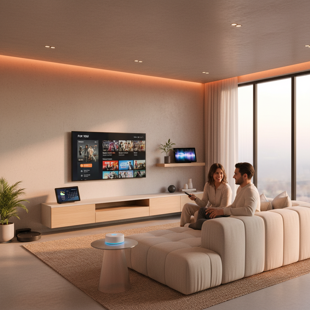 A modern, clean smart home living room with various Amazon devices like Echo Show, Echo Dot, and Fire TV integrated seamlessly. The atmosphere is warm and inviting, hinting at advanced AI capabilities. Lifestyle photography, no text.