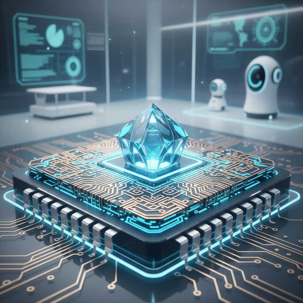 A detailed, close-up view of an advanced AI processor chip with intricate circuitry, glowing with subtle blue light, representing the brain of a smart device. The background is a blurred, futuristic smart home environment. Clean infographic style, no text.