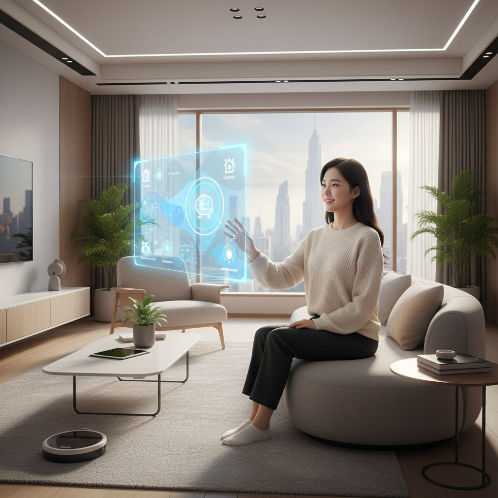A Korean person (woman) in a modern smart home living room, smiling slightly as she interacts with a holographic interface showing smart home controls and AI elements. The atmosphere is warm and inviting. Lifestyle photography. No text.
