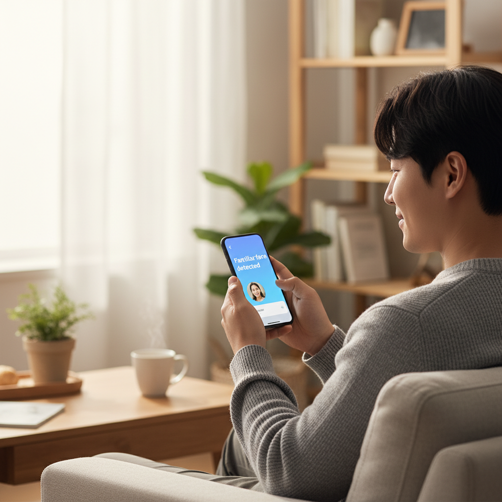 A Korean person (man) looking at his smartphone, which displays an AI-enhanced notification from a smart home camera. The notification text clearly describes an event like "Package delivered" or "Familiar face detected," with a small thumbnail image. The setting is a cozy home interior. Lifestyle photography. No text.