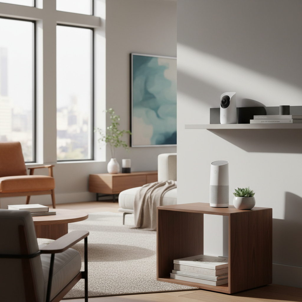 A modern living room with a sleek new Google Nest Indoor camera mounted discreetly and a new Google Home Speaker placed on a side table. The camera and speaker are clearly visible but blend into the contemporary decor. Warm, natural lighting. Lifestyle photography. No text.