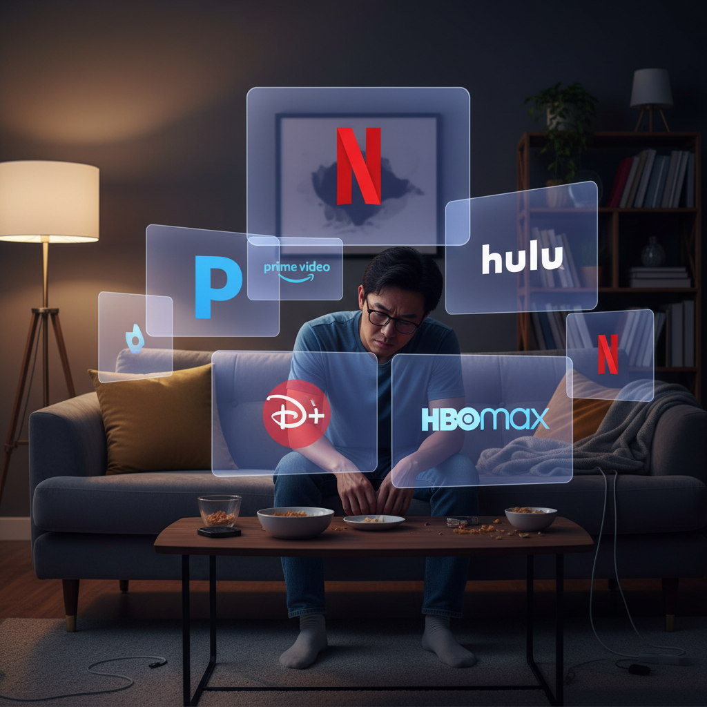An overwhelmed Korean person sitting on a couch, surrounded by multiple glowing screens displaying various streaming service logos. The person looks tired and frustrated. Soft, dim living room lighting. Style: lifestyle photography. No text.