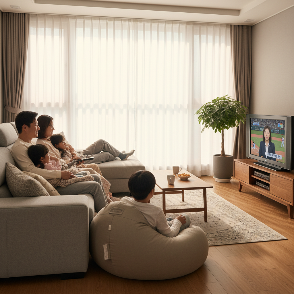 A modern Korean living room with a family comfortably watching a traditional cable TV. The father is holding a remote control, looking relaxed. The TV screen shows a lively sports match or local news. Natural, warm lighting. Style: lifestyle photography. No text.