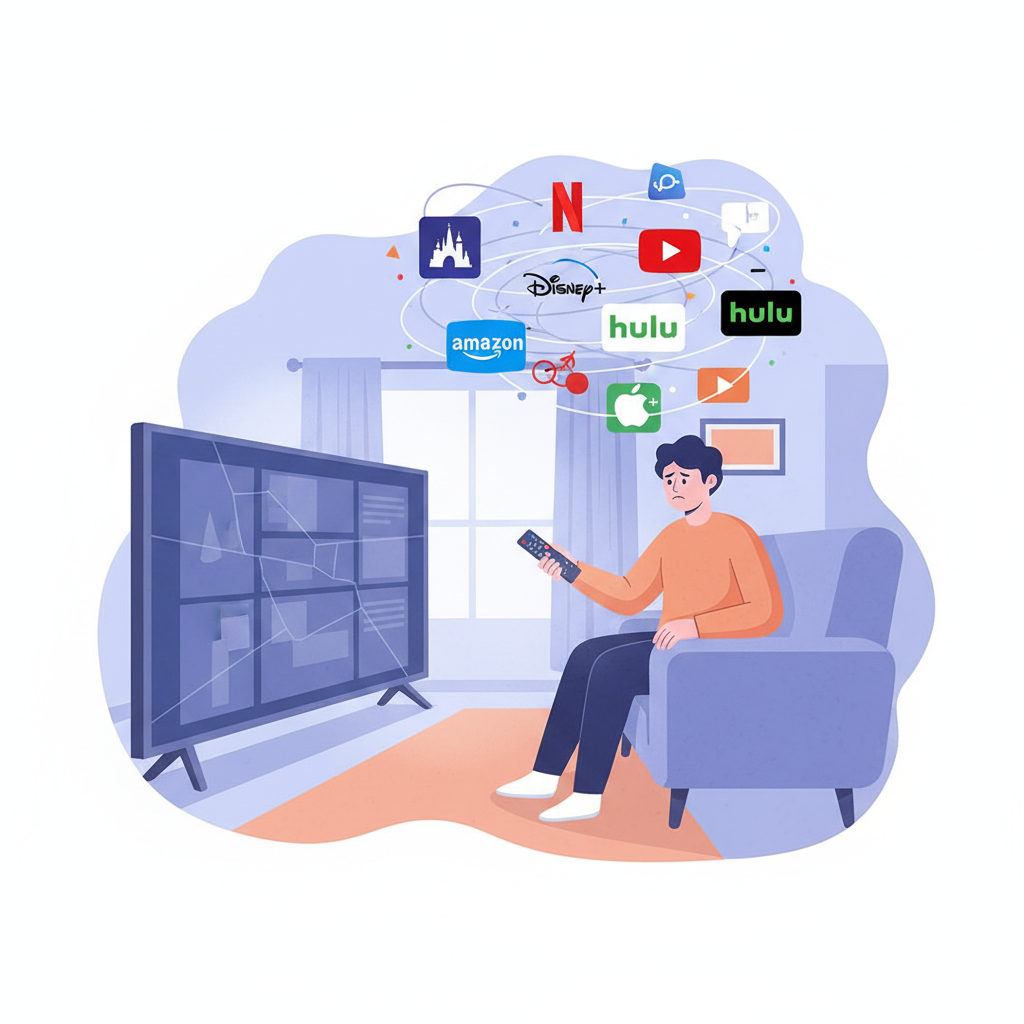 A Korean person sitting in front of a smart TV, looking confused and stressed while various streaming service logos (Netflix, Disney+, YouTube, etc.) float around their head. The person is holding a remote control. Soft, diffused lighting. Style: infographic with lifestyle elements. No text.