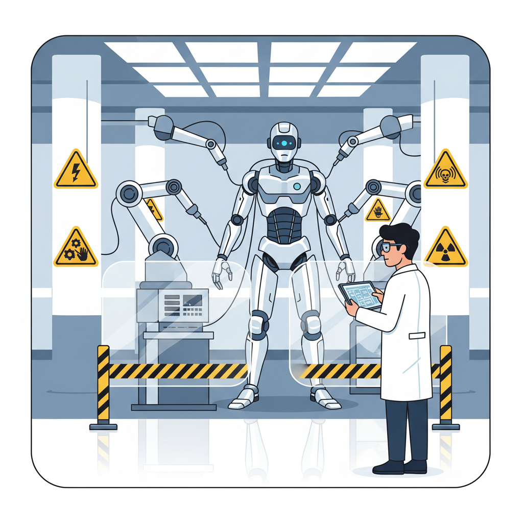 A futuristic factory setting where a humanoid robot is being observed from a safe distance by a Korean engineer, with cautionary signs around. Clean infographic style. No text.