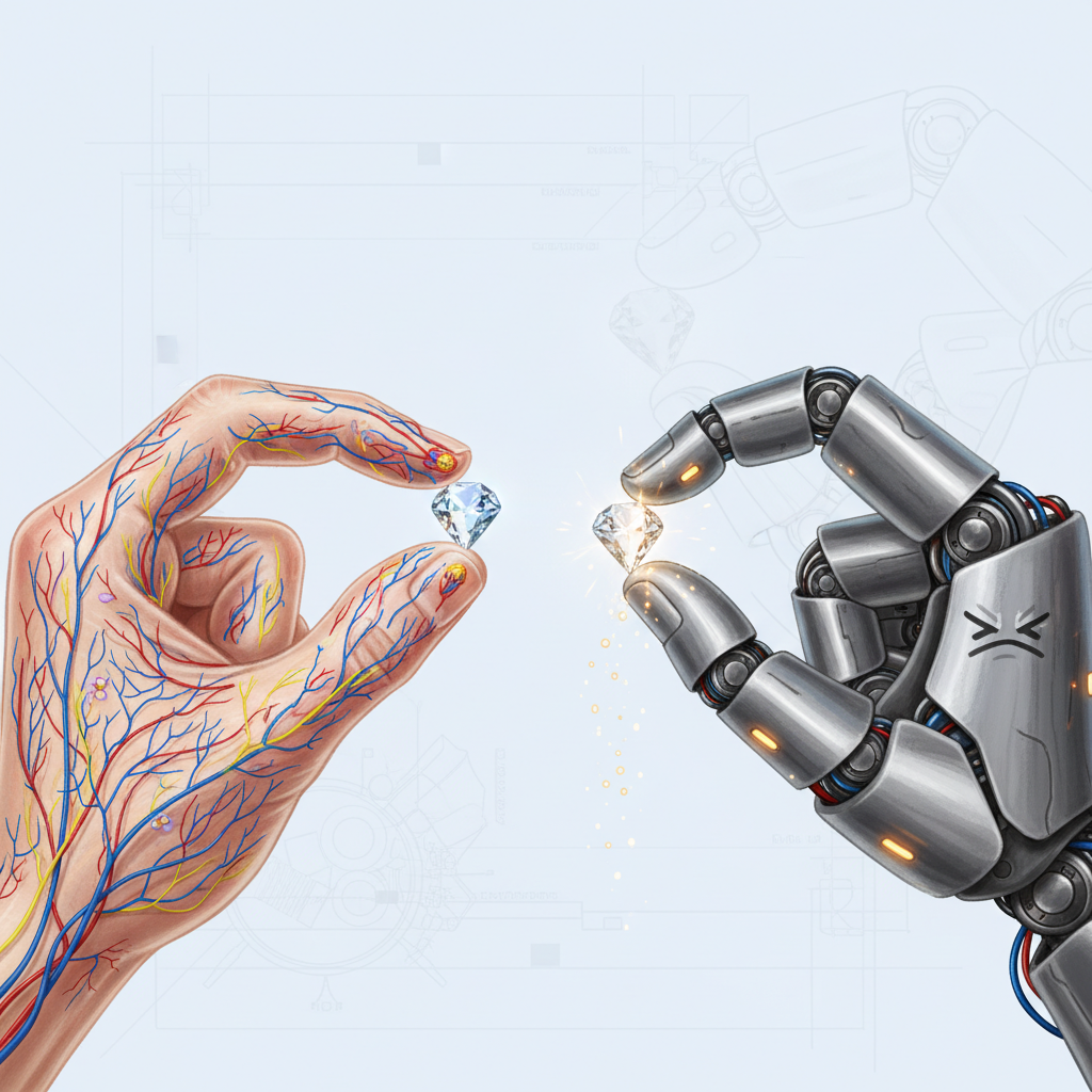 Close-up of a human hand delicately picking up a small object, emphasizing nerve endings and intricate touch sensors, contrasted with a robotic hand struggling with a similar task. Style: scientific illustration, no text.