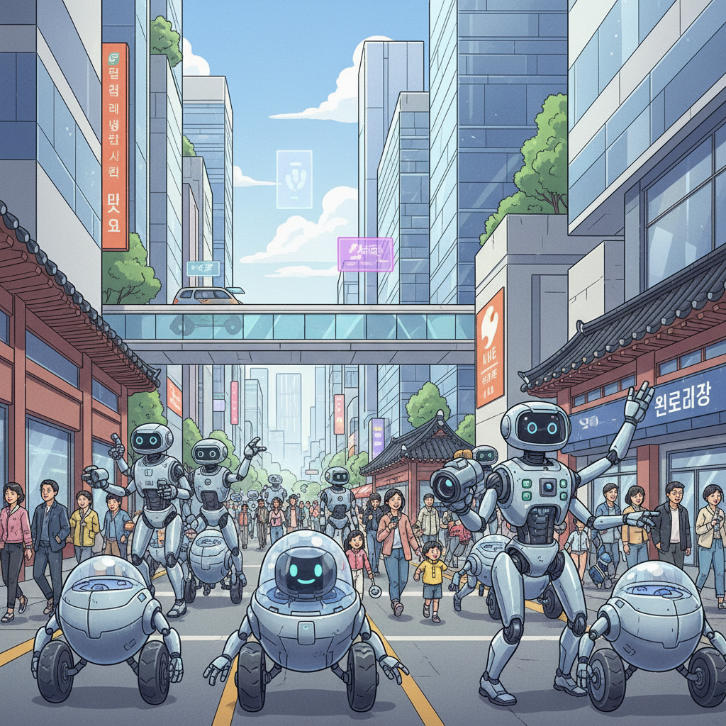 A diverse group of future robots: some with wheels and multiple arms, others with specialized sensors like cameras in their hands or midsections, operating safely alongside Korean people in a modern urban environment. Style: illustration, no text.