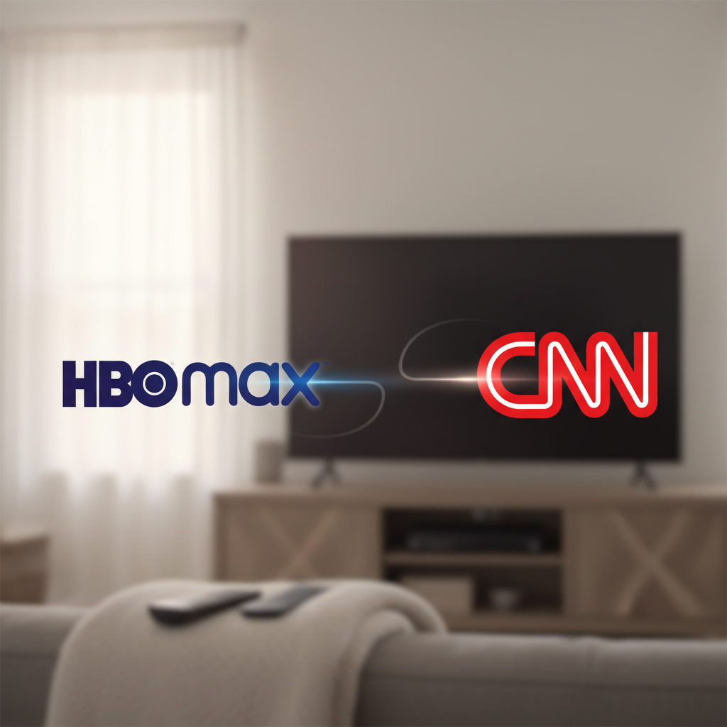 A visual representation of the HBO Max logo and the CNN logo moving apart, symbolizing the separation of their services. The logos are modern and sleek, set against a blurred background of a living room with a TV. Soft, natural lighting. No text. Style: clean infographic with a touch of lifestyle photography.