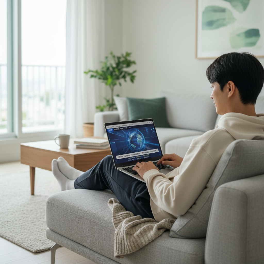 A person in their late 20s or early 30s, of Korean descent, comfortably watching a news streaming service on a sleek laptop in a modern living room. The screen shows a news broadcast with CNN-like graphics (no actual CNN logo or text). The atmosphere is relaxed, with natural light coming through a window. Style: lifestyle photography. No text.