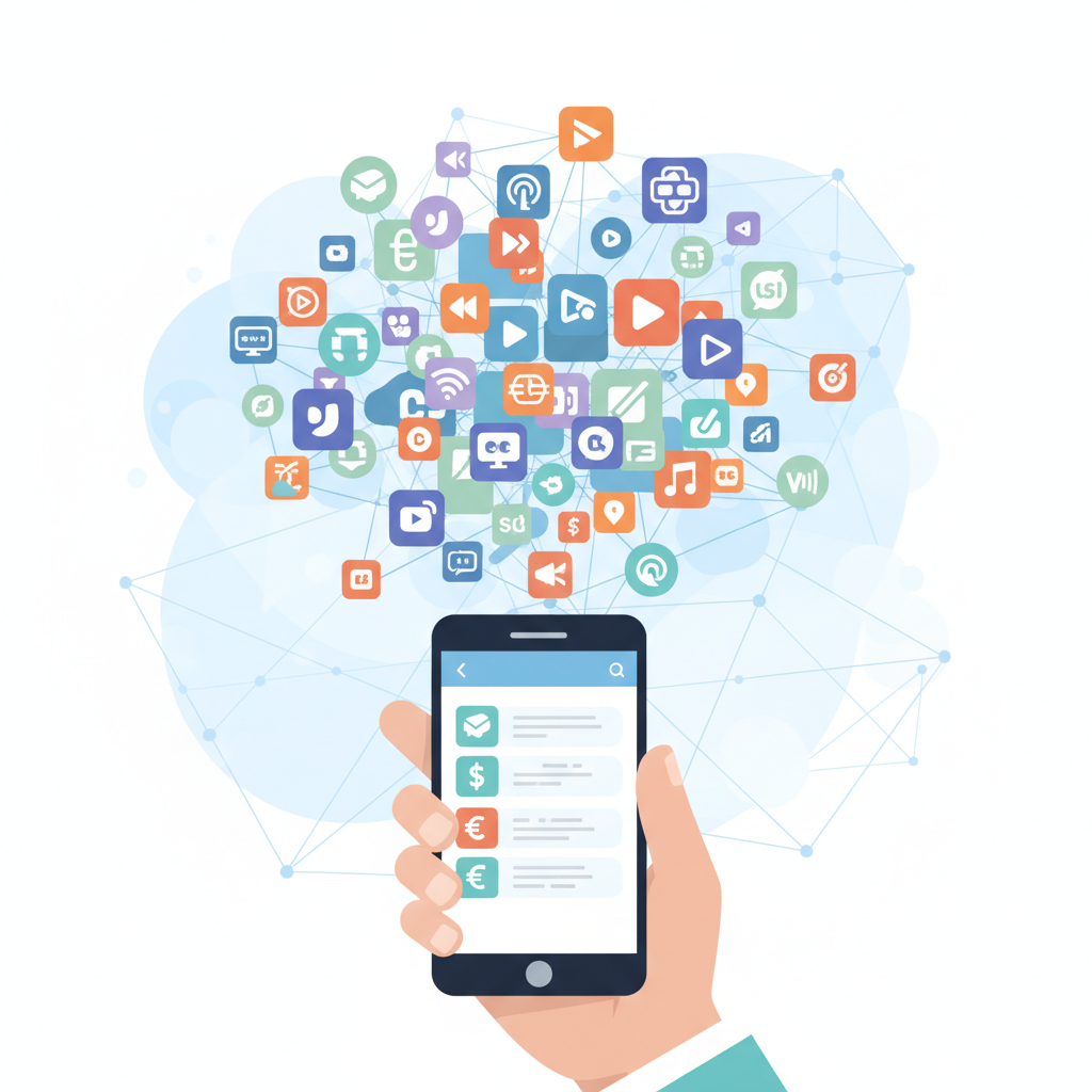 An infographic illustration showing multiple streaming service logos (generic, not real ones) arranged in a complex, overlapping pattern, symbolizing market fragmentation. A hand is holding a smartphone, looking at a screen with several subscription payment options. The background is a clean, modern design. Style: clean infographic. No text.