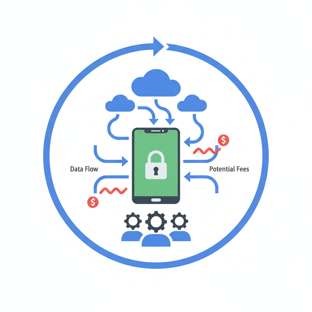 An infographic illustrating Google's new Android developer verification process, showing a smartphone, cloud icons, and developer icons with arrows indicating data flow and potential fees. The style is clean and modern, with a focus on information. No text.