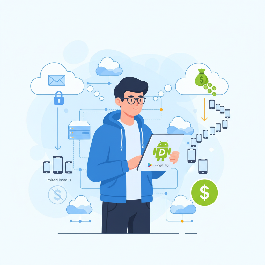 A detailed infographic showing a developer holding a tablet with an app icon, contemplating between a free tier (email icon, limited installs) and a paid tier (money bag icon, unlimited installs) for Google Android developer verification. The background shows cloud servers and a network connection. No text.
