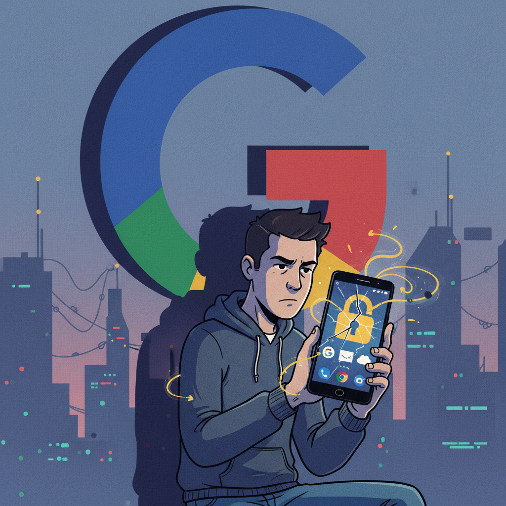 A thought-provoking illustration depicting an Android user looking skeptically at a smartphone screen, while a large Google logo looms in the background, symbolizing potential control or lack of transparency. The scene includes various app icons and a padlock, highlighting security and trust issues. No text.