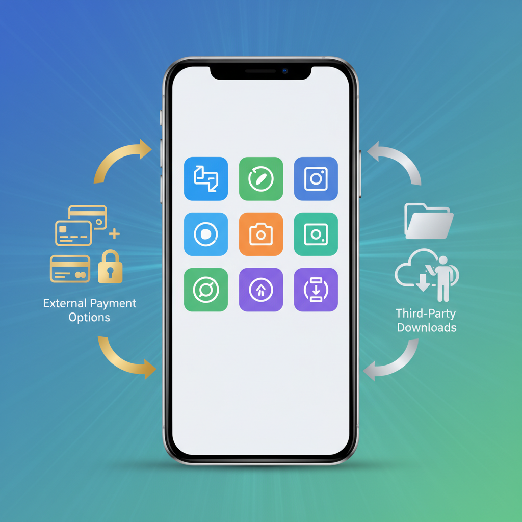 A clean infographic showing a smartphone screen with multiple app store icons and arrows indicating external payment options and third-party downloads. The background is a subtle blend of digital blue and green, suggesting innovation and growth. No text.