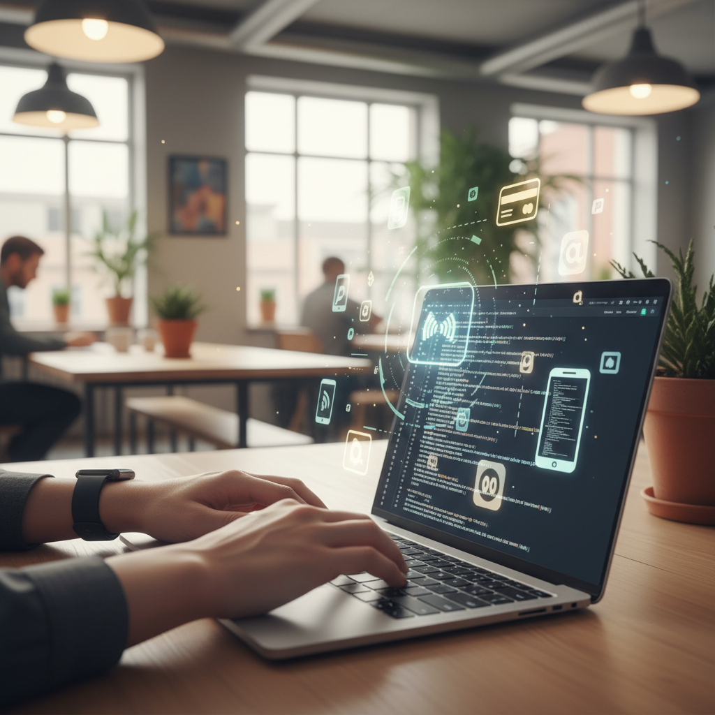 A close-up shot of a developer's hands coding on a laptop, with several different digital payment icons (e.g., credit card, mobile wallet) floating around the screen. The setting is a modern, collaborative workspace with soft, ambient lighting. Style: lifestyle photography. No text.
