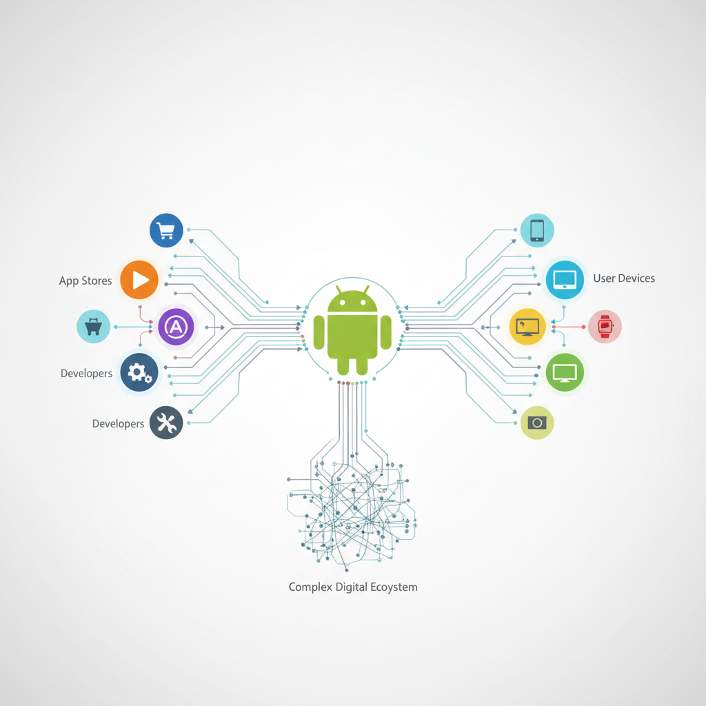 An intricate infographic illustrating the Android logo at the center, connected by various lines and nodes to different app stores, developers, and user devices. The visual emphasizes interconnectivity and the flow of apps in a complex digital ecosystem. Style: clean infographic. No text.